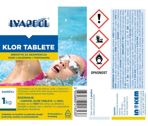 Klor tablete za bazene i fontane IVAPOOL - pakiranje 1 kg