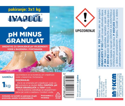Sredstvo za smanjenje pH vrijednosti vode u bazenima i fontanama [IVAPOOL] - pakiranje 3 x 1 kg